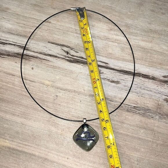 Fused Glass Pendant Silver Dichroic Accents Silver Tone Bezel On Coated Wire - Picture 4 of 6